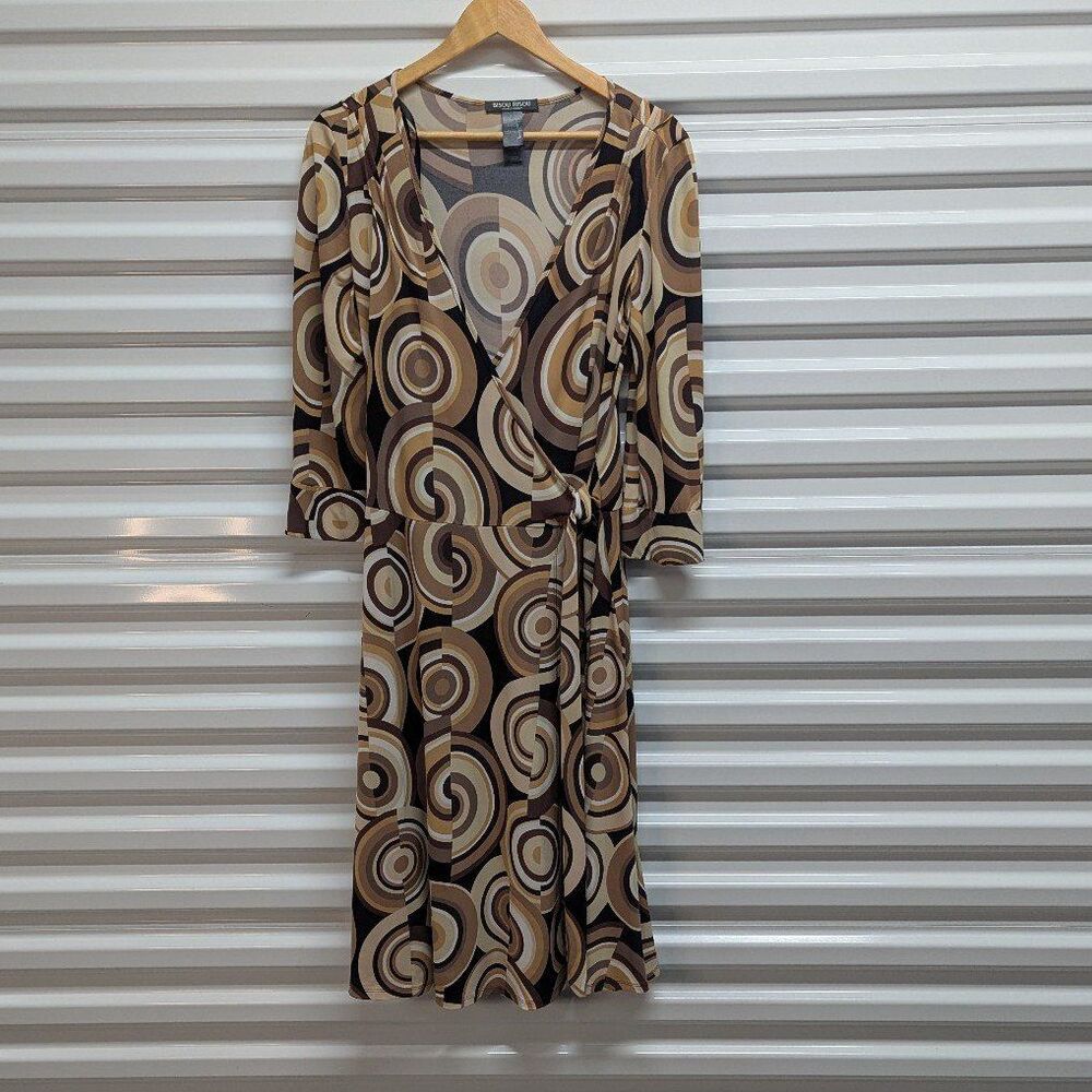 Bisou Bisou Brown Geometric Print Wrap Dress Funky Mod Style Hippie‎ 70s Vibes